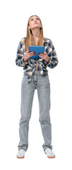 Woman in casual attire holding a tablet, looking upwards. Isolated on a white background. Concept of technology and curiosity