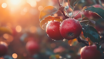 Wall Mural - Beautiful ripe red apples exposed to rain residue on the branches in the orchard. Organic sweet fruits hanging on apple tree in orchard. Eco-friendly natural background.