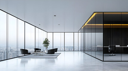 Poster - Modern office with city view and glass walls.