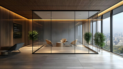 Poster - Modern office with glass walls and city view.