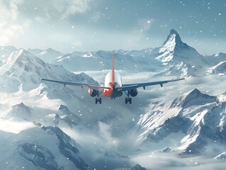 Poster - Airplane Soaring Over Majestic Snowy Alpine Landscape With Towering Peaks