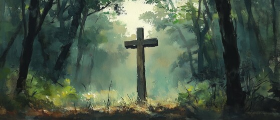 Poster - Cross Forest Chapel Christianity Religion Spiritual Symbol - Generative AI