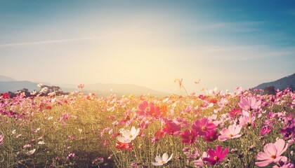 Wall Mural - vintage landscape nature background of beautiful cosmos flower field on sky with sunlight in spring vintage color tone filter effect