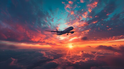 Canvas Print - Dramatic Sunset Skyscape with Silhouetted Airplane In Flight