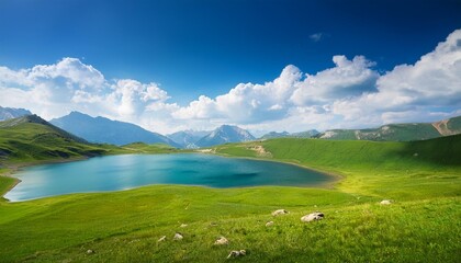 Wall Mural - landscape with lake and mountains open horizon blue sky clouds green ground