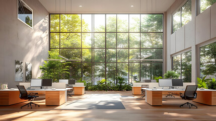 Sticker - Modern office with large windows overlooking a lush green forest.