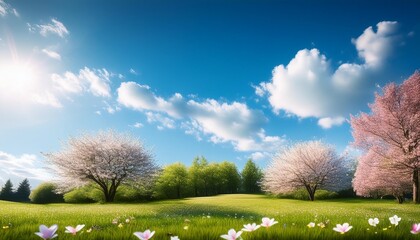 Wall Mural - beautiful spring or summer background with trees and flowers and blue sky with clouds