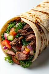 Wall Mural - Colorful and delicious shawarma with meat, vegetables and dressing wrapped in pita bread isolated on a white background