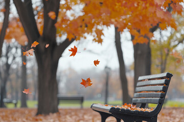 Autumn background. Falling leaves on park bench.