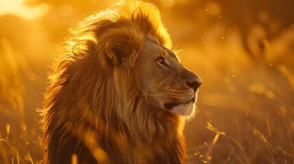 Poster - Majestic Lion with Flowing Mane Captured in Golden Dawn Light