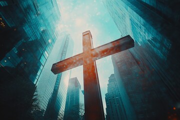 Cross City Crossroads Christianity Religion Spiritual Symbol - Generative AI