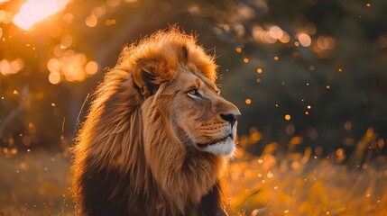 Wall Mural - Majestic Lion Captured in the Golden Light of Dawn Wildlife Portrait