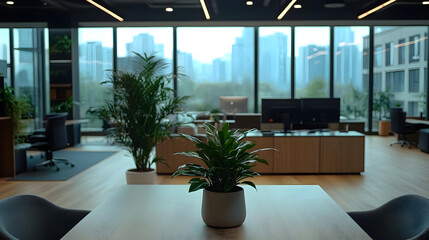 Sticker - Plant on table in modern office with city view.