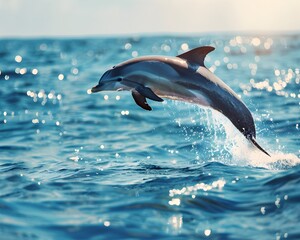 Wall Mural - Playful Dolphin Mid Jump Against Sparkling Ocean Backdrop