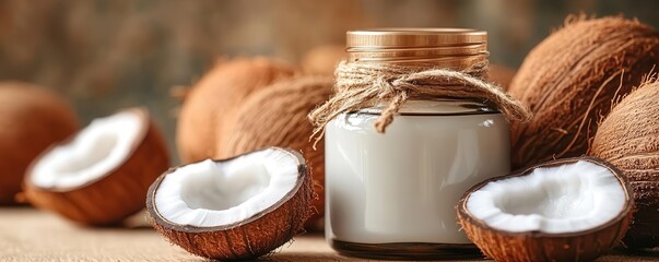 Coconut oil jar surrounded by coconuts, cosmetics, tropical nature