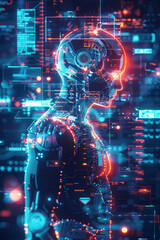 Wall Mural - robot is touching digital network connection. artificial intelligence development. android robot in 