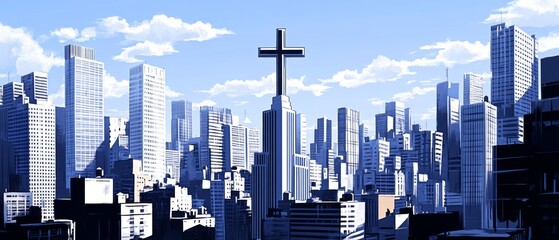 Cross City Crossroads Christianity Religion Spiritual Symbol - Generative AI