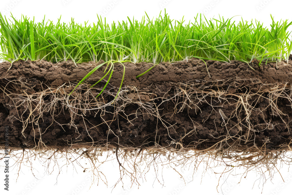 Cross section of soil layers with root structure of green grass ...