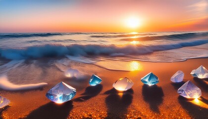 Wall Mural - crystals on the beach at sunset waves sea beach background