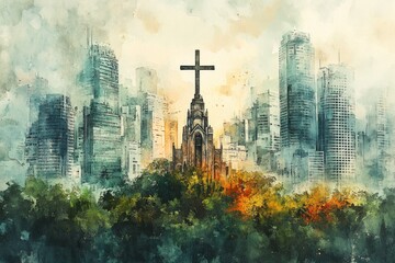 Cross City Crossroads Christianity Religion Spiritual Symbol - Generative AI