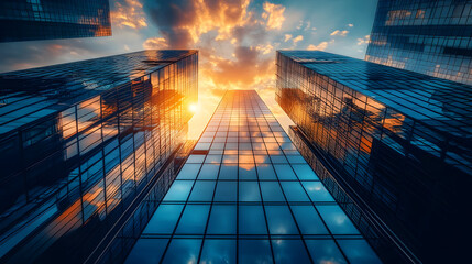 Poster - Sunset sky reflected in skyscraper windows.