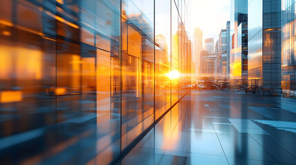 Wall Mural - Sunset view reflected in a city's glass buildings.