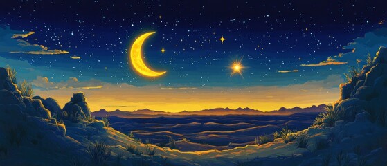 Canvas Print - Crescent Moon and Star Desert Night Islam Religion Spiritual Symbol - Generative AI