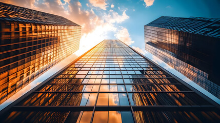 Canvas Print - Tall glass skyscrapers reflect cloudy sky at sunset.