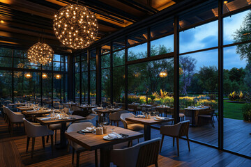 Sticker - Modern Restaurant Interior With Large Windows and Garden View.