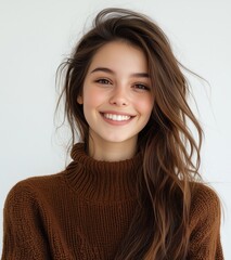 Wall Mural - portrait of beautiful young woman with brown hair smiling on white background, looking at camera