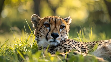 Sticker - Graceful Cheetah Lying in Grass Observing Horizon Wildlife Portrait