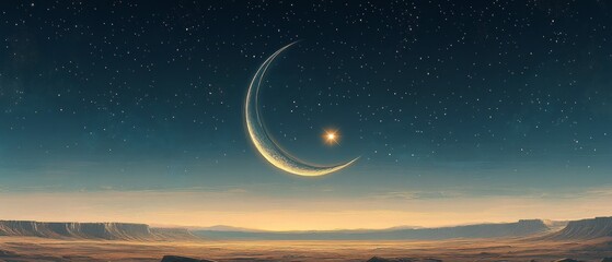 Wall Mural - Crescent Moon and Star Desert Night Islam Religion Spiritual Symbol - Generative AI