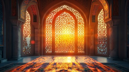 vibrant mosque window illuminated by soft light, symbolizing peace and reflection during the holy month in islamic culture.