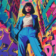 © Jarmila - Comic book style of an edgy, confident woman  wearing a blue pantsuit and white shirt standing confidently on the street surrounded by city buildings, with a colorful graffiti art background