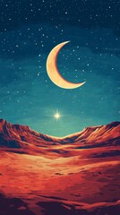 Canvas Print - Crescent Moon and Star Desert Night Islam Religion Spiritual Symbol - Generative AI