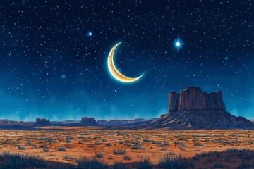 Crescent Moon and Star Desert Night Islam Religion Spiritual Symbol - Generative AI