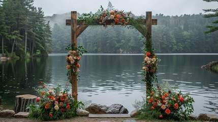 outdoor wedding with nature as the backdrop, lush green trees and a serene lake in the background, rustic wooden arch decorated with fresh flowers