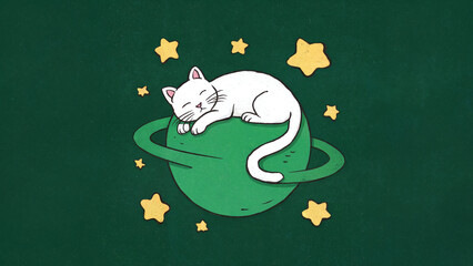 Wall Mural - A white cat peacefully sleeps on a green planet surrounded by stars in a simple, whimsical space scene.