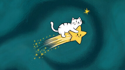 Wall Mural - A white cat joyfully rides a shooting star across the night sky, leaving a trail of sparkles.