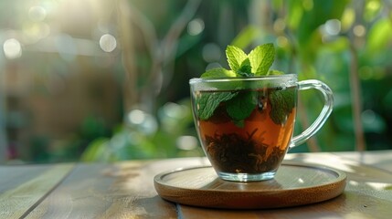 black tea with mint in glass cup on wooden table with green natural blurred background