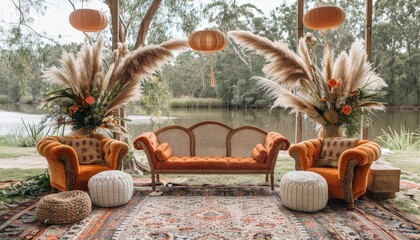 Wall Mural - Pampas grass and festoons arranged beautifully as a boho wedding backdrop