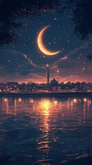 Canvas Print - Crescent Moon and Star Seaside Night Islam Religion Spiritual Symbol - Generative AI