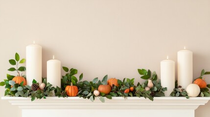 Poster - An elegant Thanksgiving mantel display with autumnal garlands, candles, and sophisticated decorations, creating a festive yet refined atmosphere 