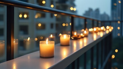 Poster - beautifully decorated balcony with Diwali lights, lanterns, and diyas, cityscape in the background, warm and festive atmosphere 