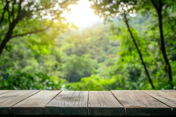 Empty wood table top with blur background of nature lush green forest with generative ai