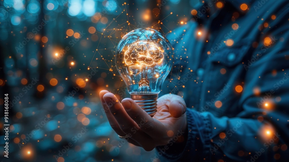 Smart Businessman with Virtual Lightbulb and Brain, Inspiring ...
