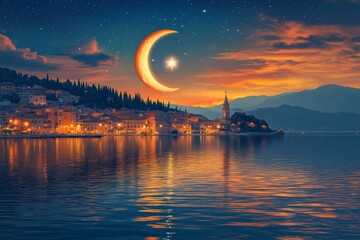 Canvas Print - Crescent Moon and Star Seaside Night Islam Religion Spiritual Symbol - Generative AI