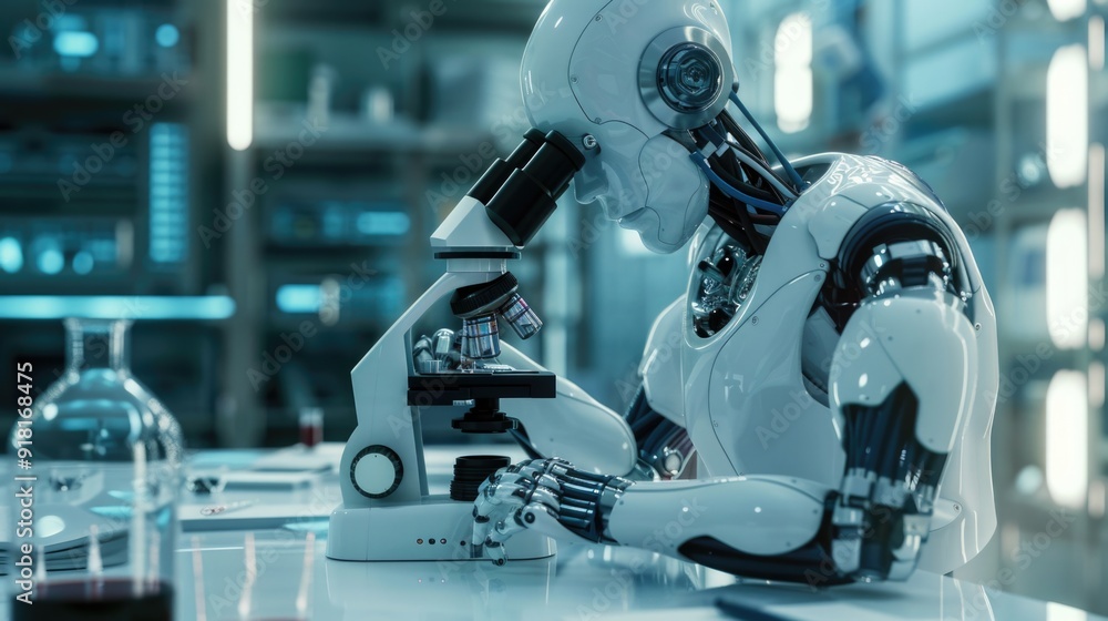 Humanoid robot working with a microscope in a high-tech lab ...