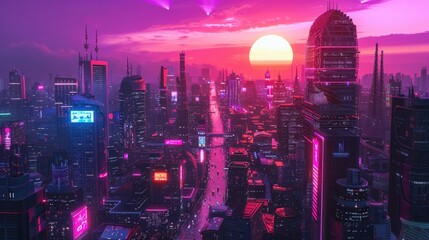 Wall Mural - Futuristic cityscape with neon lights at sunset.