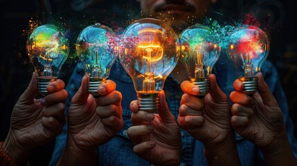 Creative Business Concept: Hands Holding Light Bulb Collage for Innovation and Idea Generation